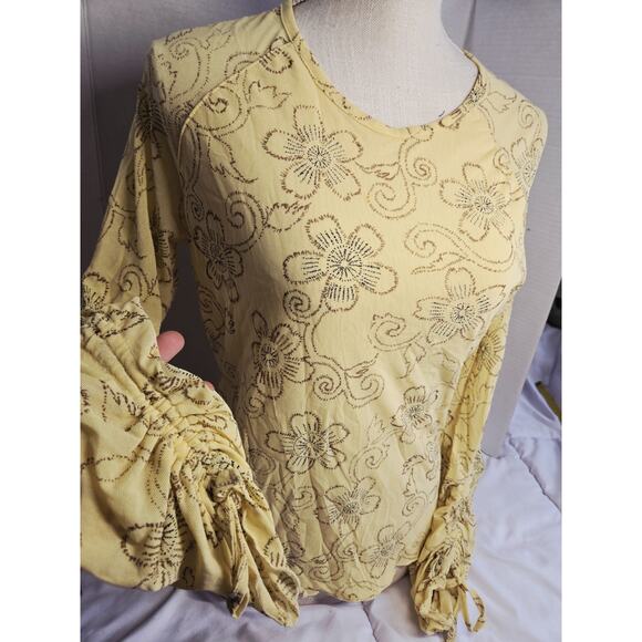 Ideology Tops - Vtg Boho Ideology Top Long Sleeve Yellow Green L Indie Retro Grunge Beachy Casua